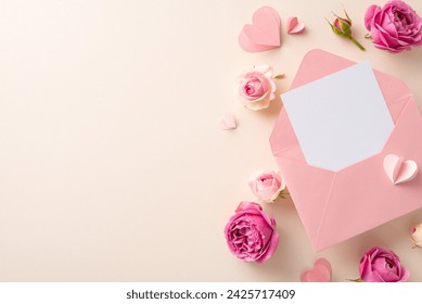 8 March theme. Overhead shot of an unsealed envelope, greeting card, scattered paper hearts, and vibrant rose flowers on a soft beige backdrop, leaving blank space for your message or advertisement