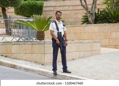 8 May 2018 Armed Security Personnel Man The Vehicle Check Point On The Slip Road To The Entrance To The Israeli Parliament Knesset Buildings In Jerusalem Israel
