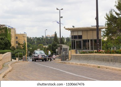 8 May 2018 Armed Security Personnel Man The Vehicle Check Point On The Slip Road To The Entrance To The Israeli Parliament Knesset Buildings In Jerusalem Israel