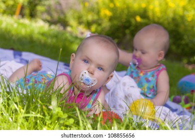 8 Month Old Identical Baby Twin Sisters Having Fun In The Garden.