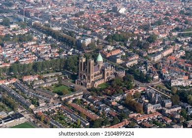 8 October 2021, Haarlem, Holland. Aerial view of the Cathedral of Saint Bavo with the city of Haarlem, Netherlands, in the background.