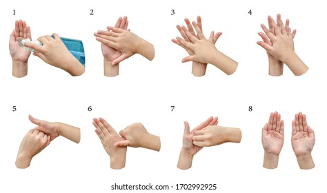 8 Steps Of Hand Wash Procedure From Alcohol Gel For Protection Covid-19 Outbreak. Girl Kid Hand Using Wash Hand Sanitizer Blue Gel From Pump Dispenser To Prevent Coronavirus, Virus, Bacteria And Germ.