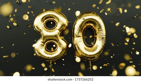 80 years old. Gold balloons number 80th anniversary, happy birthday congratulations, with falling confetti