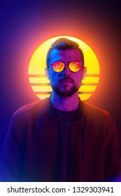 80s Sci-fi Futuristic Fashion Poster Style Violet Neon. Retro Wave Synth Vapor Wave Portrait Of A Young Man In Sunglasses. 