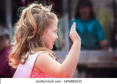 8-31-2019 Tahlequah USA - Young Beauty Queen - Miss Strawberry Festival With Crown And Pink Sequined Dress - From Stilwell OK Riding On Float And Waving In Cherokee National Homecoming Parade