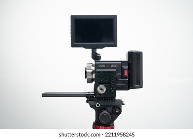 8k Digital Cinema Camera On A Tripod With No Prime Cine Lens PL Mount Compact White Background