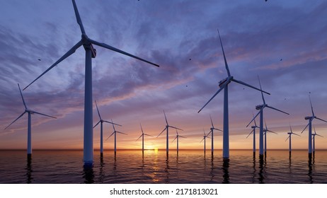 8k Ultra HD 7640x4320. Ocean Wind Farm. Windmill Farm In The Ocean. Offshore Wind Turbines In The Sea. Wind Turbine From Aerial View