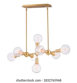 8-Light Sputnik Chandelier Isolated On White. Cutting Edge Ceiling Light Round Starburst Light Fixture. Glistening Crystals Glass & Gold Metal Hanging Lights. Pendant Sconce Lighting Lamp