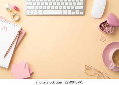 8-march concept. Top view photo of keyboard computer mouse notebooks pen sticky note paper clips decorative tape glasses cup of coffee on saucer on isolated pastel beige background with empty space
