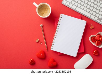 8-march concept. Top view photo of reminders golden pen heart shaped saucer with candies mug of frothy coffee keyboard computer mouse binder clips candles on isolated red background with empty space