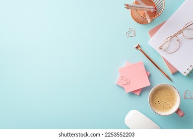 8-march concept. Top view photo of workplace notepads pen pencils holder heart shaped clips sticky note paper glasses mug of coffee and computer mouse on isolated pastel blue background with copyspace