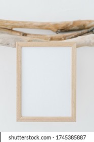 8x10 A4 5x7 Wooden Frame Mockup In Scandinavian Style On White Background. Vertical Frame Mockup