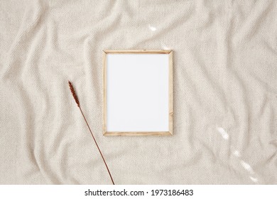 8x10 Thin Wood, Small Frame Mockup Template. Flat Lay On A Light Brown Coloured Blanket.
