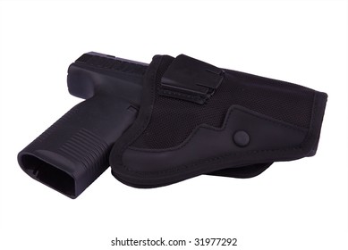 9 mm pistol in holster isolated on white - Shutterstock ID 31977292