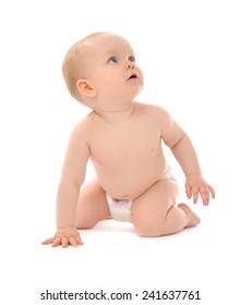 9 Month Infant Child Baby Toddler Sitting Or Crawling Looking Up On A White Background