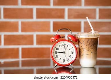 9 O'clock Times For Iced Coffee Concept. Retro Bell Clock With Ice Latte Coffee.