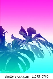 90s/80s Style Background Texture Of A Tropical Monstera Plant With A Pink And Turquoise Gradient 