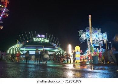 9-2-17 Syracuse Ny: People Wander Around The Midway At The Great New York State Fair At Night. 