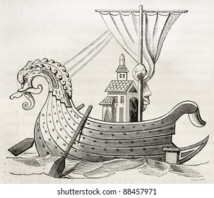 9th century Norman vessel old illustration. After manuscript kept in Royal French library,  published on Magasin Pittoresque, Paris, 1844