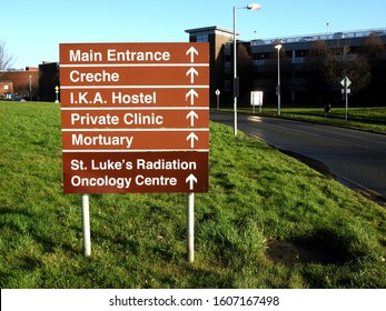 9th December 2019, Dublin, Ireland.  Directional Signage For Various Sections And Departments Within Beaumont Hospital Grounds In Dublin, Ireland. 