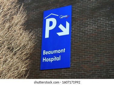 9th December 2019, Dublin, Ireland. Public Parking Internal And Underground Car Park Directional Wall Sign In  Beaumont Hospital, Dublin, Ireland. 