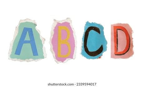 A, B, C and D alphabets on torn colorful paper with clipping path. Ransom note style letters. - Shutterstock ID 2339594017