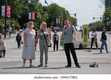 A, BC, Canada - June 12, 2021: Young Indigenous Man Gives A Passionate Speech At A Rally In Protest Of The Canadian Residential School System