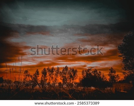 Similar – Image, Stock Photo Silhouetted trees stand against a fiery red sky reflected in a tranquil water body at twilight