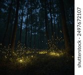 "A group of fireflies lighting up a dark forest."
