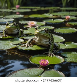 "A group of frogs sitting on lily pads in a pond."
 - Powered by Shutterstock