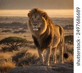 "A majestic lion standing atop a rocky outcrop, surveying the vast African savannah as the golden sunlight bathes the landscape."
