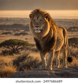 "A majestic lion standing atop a rocky outcrop, surveying the vast African savannah as the golden sunlight bathes the landscape."
 - Powered by Shutterstock