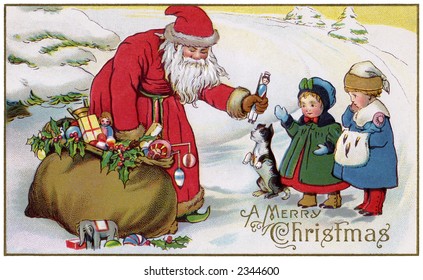 'A Merry Christmas' - Saint Nicholas giving out toys to little children - a circa 1914 vintage greeting card illustration.