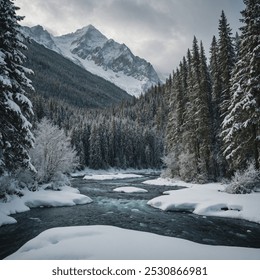 "A mountain landscape in winter, with snow-capped peaks towering over a valley filled with dense evergreen trees and a frozen river winding through." - Powered by Shutterstock