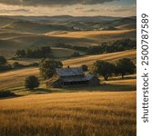 "A peaceful countryside scene with rolling hills, golden fields, and a rustic farmhouse in the distance."
