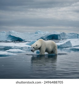 "A polar bear swimming through icy waters, surrounded by floating icebergs."
 - Powered by Shutterstock