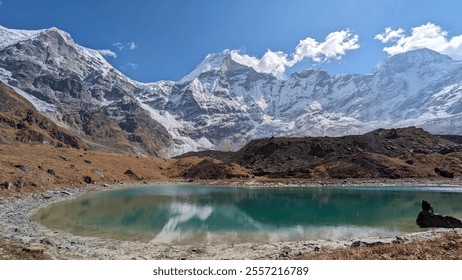 "A sacred view of Kali Dhunga Tal in Darchula at 4,400m altitude, nestled amid majestic mountains. The serene blue lake, snow-capped peaks, and spiritual ambiance offer a breathtaking natural retreat. - Powered by Shutterstock