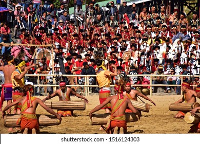 "A scene from 'Wangala dance' of Garo tribe, performed on the occasion of 19th Hornbill festival, held at Kisama heritage village, near Kohima town, Nagaland, Northeast India on 3rd December 2018"