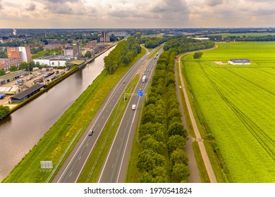 A7 Highway in between a canal and the countryside near Hoogezand Sappemeer, Groningen Province, the Netherlands.