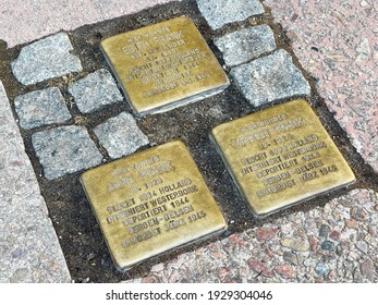 Aachen, Germany - 02-21-2021 - Stolpersteine (stumbling Blocks) Of Anne Frank And Family As A Reminder Of The Deportation By The Nazis In World War 2 In Front Of Her Former Home In Aachen, Germany