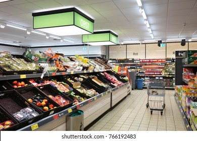 AACHEN, GERMANY - AUGUST 12, 2017: Vegetable Department Of An Aldi Sud Discount Supermarket.