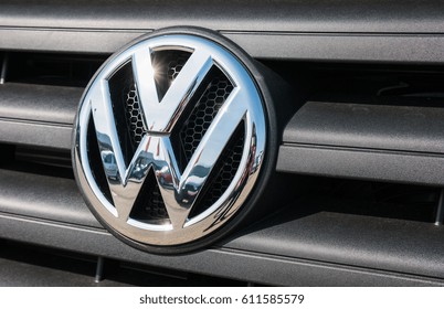 AACHEN, GERMANY MARCH, 2017: Volkswagen VW plate logo on a car grill. Volkswagen is a famous European car manufacturer company based on Germany.