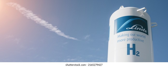 Aachen, Germany - May 30 2022: Linde Hydrogen Logo On Hydrogen Gas Tank For Clean Electricity 