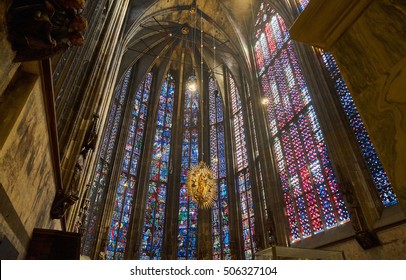 Aachen, Germany - September 25, 2016: stained glass window in the Aachen Cathedral, the oldest Roman Catholic church in northern Europe, Germany