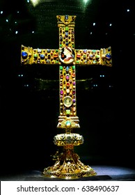 AACHEN, GERMANY-DECEMBER 16, 2014: The Lotharkreuz is an Ottonian cross in the cathedral of Aachen. To this day, it is used on high feast days in the liturgy. The cross bears the name of King Lothar.