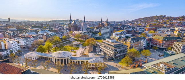 Aachen - View of the Elisenbrunnen, cathedral, city hall, Lousberg - panorama