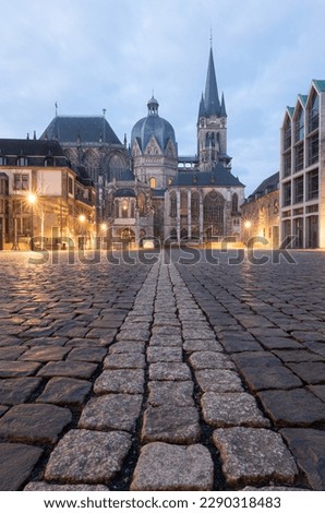 Aachener Dom at the Blue hour vertical from the Katschof at Eastersunday in Germany