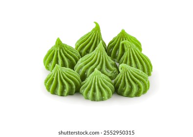 Aalaw or Alua Thai candy traditional sweet dessert isolated on white background with clipping path, Thai Ancient Dessert called Alua,Colorful sweet candy made from wheat flour sugar and coconut milk.