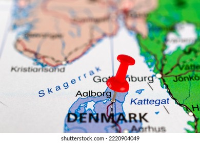 Aalborg map. Aalborg pin map. Close up of Aalborg map with red pin. Map with red pin point of Aalborg in Denmark.