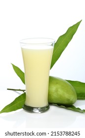 Aam Panna or Panha or Raw Mango juice  in a transparent glass with raw green mango 
